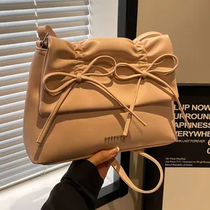 Shoulder Bag Women Fashion Bow Pleated PU Leather Large Capacity Commute Crossbody Bag Versatile Solid Color Handbag
