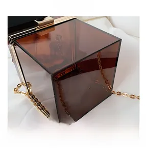 Detail of amber acrylic box bag featuring gold metal frame and secure top clasp