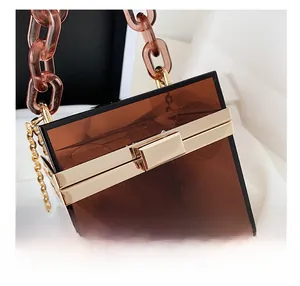 Macro view of golden metal buckle and translucent brown acrylic material of the bag
