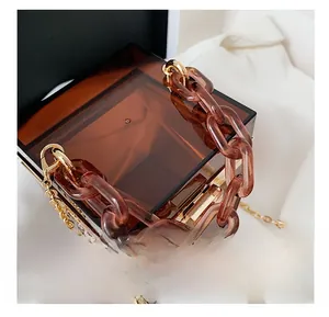 Detail of amber acrylic box bag with chunky resin chain and gold metallic strap