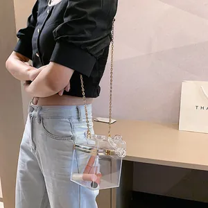 Summer transparent acrylic box crossbody bag with gold chain and metal lock closure