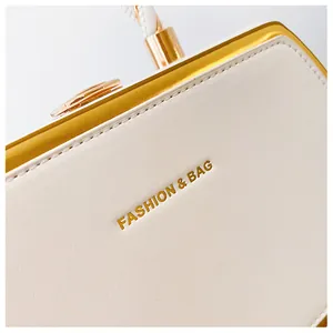 Nahaufnahme der beigen Ledertasche mit Litschi-Maserung und goldenen Metallschnallendetails