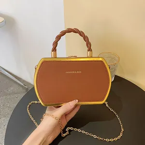 Sac à Main Hexagonal à la Mode en Cuir PU Avec Cadre Métallique Doré Poignée Torsadée Chaîne Sac Bandoulière pour Femmes Fête Banquet