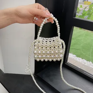 Vintage Geweven Parelimitatie Mini Crossbody Tas Voor Vrouwen Elegante Avondfeest Kralen Handtas Met Strik Decoratie