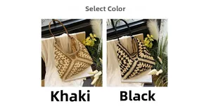 Detail of hand-woven crochet shoulder bags in khaki and black with sleek leather straps