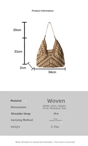 Detailed dimensions of the woven straw tote bag featuring hollow crochet pattern design