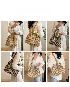 Detailed views of handmade woven tote bag with wood bead tassels and geometric crochet patterns