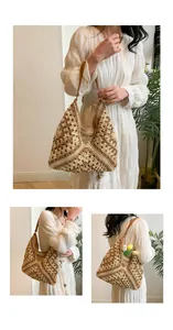 Detail of hand-woven straw tote with leather strap and drawstring wooden bead closure
