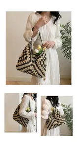 Detailed close-up of handmade crochet pattern and wood bead tassels on a beach tote bag