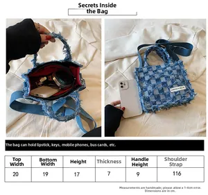 Size chart and capacity detail for denim checkered tote bag with interior dimensions