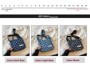 Three colors of checkered denim tote bags with fringe detail and size reference ruler