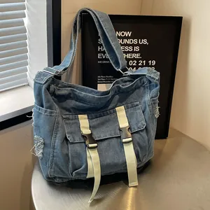 Women Casual Denim Canvas Messenger Bag Large Capacity Contrast Stitching Distressed Crossbody Bag For School Travel Daily