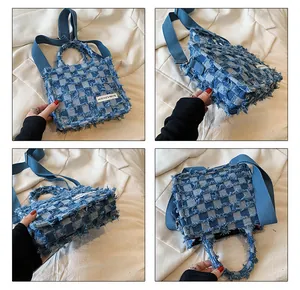 Detailed views of blue denim checkerboard tote bag with fringe edges and broad strap