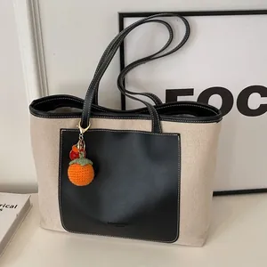 Women Large Capacity Tote Bag Canvas PU Leather Stitching Contrast Color Shoulder Bag Commuter Handbag With Persimmon Pendant