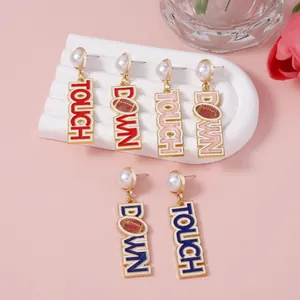 Football Touchdown Letter Dangle Earrings With Faux Artificial Pearl Zinc Alloy Enamel Game Day Sports Jewelry For Women Party Gift
