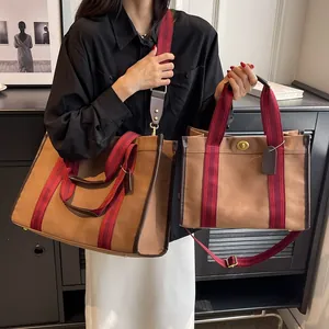 Grote Capaciteit Canvas Tote Tas Contrast Streep Singelband Draaisluiting Schouder Tas Crossbody Handtas Woon-werkverkeer Reizen Mode