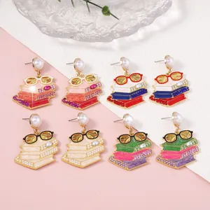 Kreative Buchstapel Brille Ohrhänger Emaille Strass Künstliche Perle Akademischer Stil Ohrringe Schmuck Für Damen