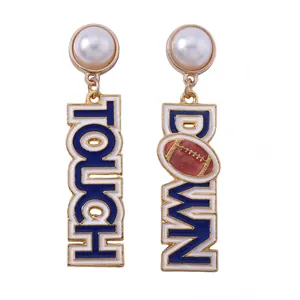 American football pearl earrings with blue enamel Touchdown lettering and gold finish