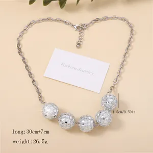 Close-up of sparkling silver disco ball choker with 5 beads and 30+7cm size marking