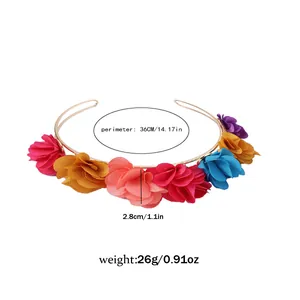 Detail shot of boho floral headband with size specs 36cm and colorful fabric flowers