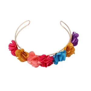 Floral gold U-shaped headband with seven colorful rainbow fabric flowers for women