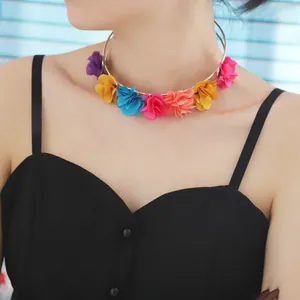 Colorful fabric floral U-shaped choker necklace with silver metallic ring for women