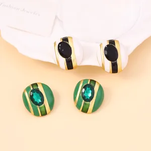 Pendientes de Botón de Esmalte de Rayas Geométricas Vintage Aleación de Zinc Esmalte Piedra Preciosa Sintética Pendientes Ovalados para Mujer Joyería Regalo