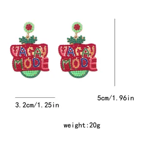 Detailed size specifications for handmade beaded VACAY MODE earrings, 3.2cm wide by 5cm high