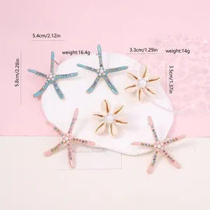 Close-up of ocean-style starfish and shell stud earrings with colorful enamel and pearls