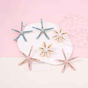 Fashion starfish and seashell stud earrings set with zircon and pearls for beach vacation