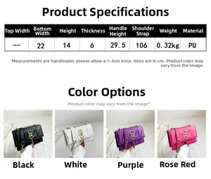 Size guide for chic PU leather crossbody bag showing dimensions and four available colors