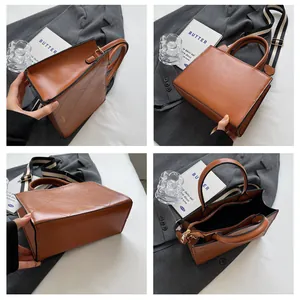 Brown retro square handbag detail showing quilted stitching and striped strap from multiple angles