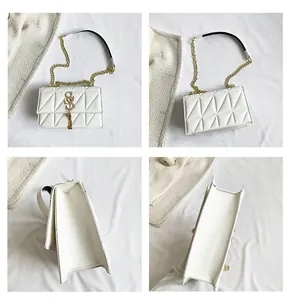 Detail view showing white quilted pattern and golden metal SSS logo on crossbody bag
