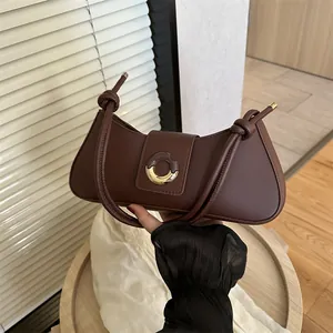 Women's PU Leather Underarm Bag Minimalist Round Metal Buckle Fashion Casual Solid Color Shoulder Bag Stylish Daily Handbag