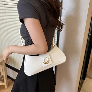 Elegant white PU leather baguette shoulder bag with stylish bicolor metal buckle for women