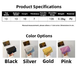 Size chart showing mini stone pattern chain bag dimensions and color options in PU leather