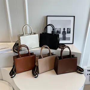 Women Quilted Crossbody Bag Polyurethane Leather Handbag Fashion Square Bag With Wide Striped Strap Daily Commute Shoulder Bag