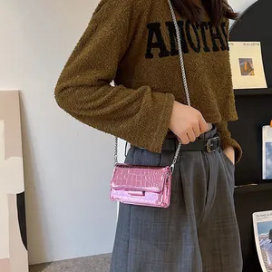 Pink crocodile pattern chain bag made of glossy leather with a stylish mini square design