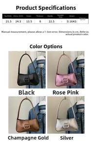 Infographic showing colorful baguette bags dimensions and four metallic color options