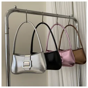 Multi-color trendy underarm bags in silver, black, pink, and bronze with square buckle