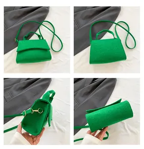 Four-angle view of bright green crocodile texture felt crossbody bag with gold hardware