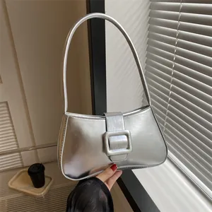 Women's Retro PU Underarm Bag Metallic Texture Baguette Shoulder Bag With Large Square Buckle For Daily Party Fashion