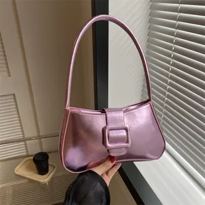 Chic metallic lavender underarm bag with sleek rectangular design and square buckle