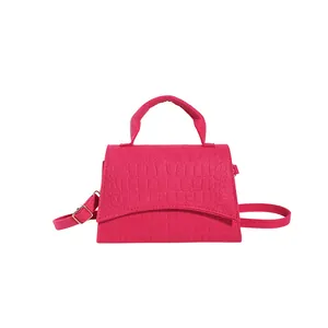 Crocodile pattern felt crossbody bag for women in vibrant magenta with top handle