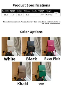 Detailed size parameters and five color options for the stylish PU leather crossbody phone bag