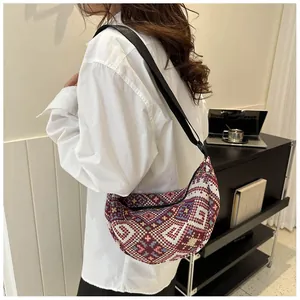 Detail view of ethnic geometric jacquard fabric on bohemian style hobo crossbody bag