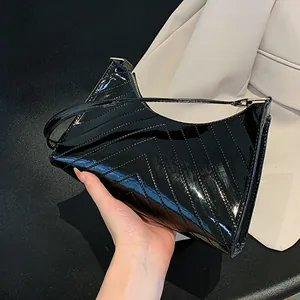 Women Fashion Underarm Bag Glossy PU Leather Chevron Quilted Shoulder Bag Solid Color Casual Handbag Street Style Purse