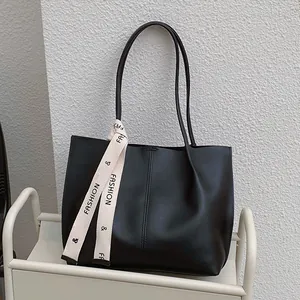 Women Vintage PU Leather Tote Bag Large Capacity Commuting Shoulder Bag With Ribbon Fashion Stitching Handbag For Daily Work