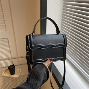 Women's Minimalist PU Leather Small Square Bag With Wave Edge Flap Fashion Handbag Shoulder Crossbody Bag Gold Hardware