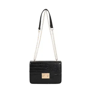 Classic black faux crocodile leather crossbody bag with gold chain and square buckle